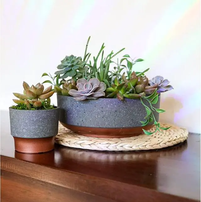 Alt view image 3 of 6 - 8 Inch Round Plastic Succulent Capri Bowl 8"x8"x3" in Faux Concrete Color with Copper Band | Decorative Plastic Indoor Flower & Succulent Planter Pot with Drain Plug Hole, Faux Concrete Finish