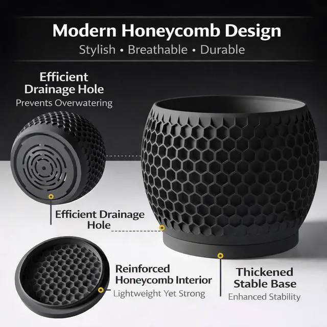 Alt view image 3 of 7 - Plant Pots, Modern 3D Printed Honeycomb Planters for Indoor Plants, 4.7 Inch Matte Black Decorative Flower Pot for Office Desktop, Bookshelf & Home Decor, Lightweight & Durable.