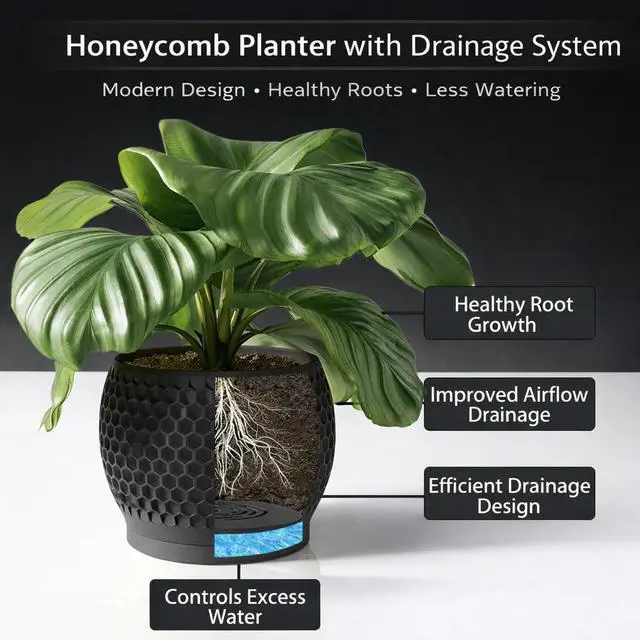 Alt view image 4 of 7 - Plant Pots, Modern 3D Printed Honeycomb Planters for Indoor Plants, 4.7 Inch Matte Black Decorative Flower Pot for Office Desktop, Bookshelf & Home Decor, Lightweight & Durable.