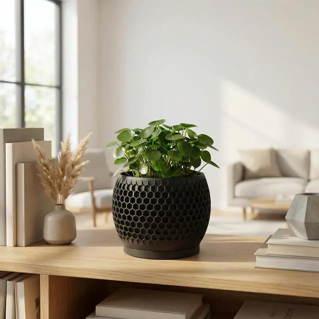Alt view image 7 of 7 - Plant Pots, Modern 3D Printed Honeycomb Planters for Indoor Plants, 4.7 Inch Matte Black Decorative Flower Pot for Office Desktop, Bookshelf & Home Decor, Lightweight & Durable.