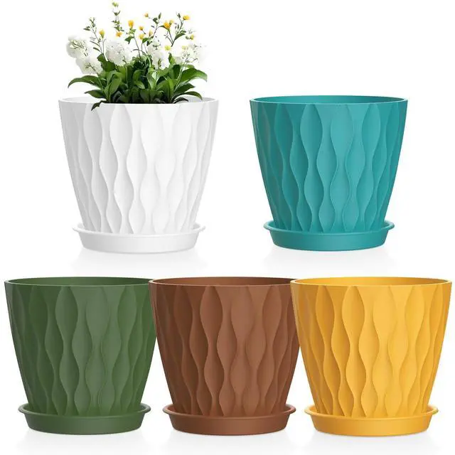 Main image of 4 inch Small Plastic Nursery Pots, Seedling Pots, 5 Set Water Ripples Plant Pots for Indoor Plants, Flower Pots with Drainage Holes and Saucers, Seed Starter Pots for Succulent, Colorful