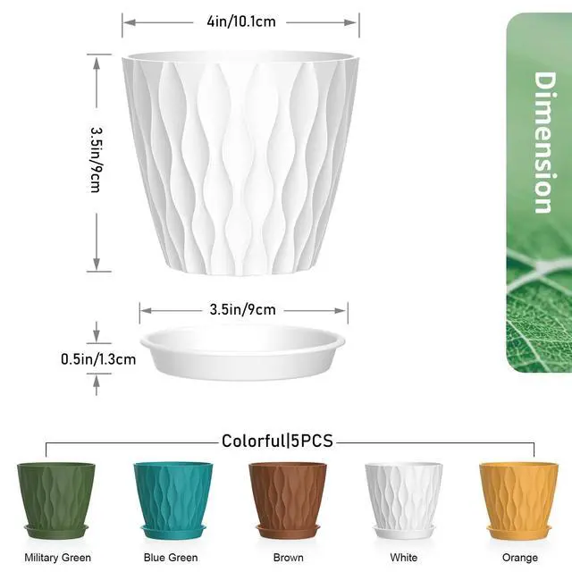 Alt view image 2 of 7 - 4 inch Small Plastic Nursery Pots, Seedling Pots, 5 Set Water Ripples Plant Pots for Indoor Plants, Flower Pots with Drainage Holes and Saucers, Seed Starter Pots for Succulent, Colorful