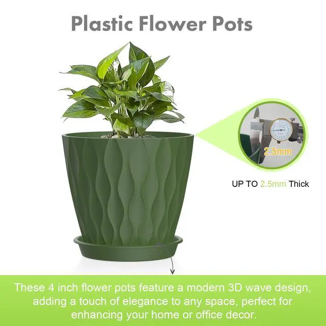 Alt view image 3 of 7 - 4 inch Small Plastic Nursery Pots, Seedling Pots, 5 Set Water Ripples Plant Pots for Indoor Plants, Flower Pots with Drainage Holes and Saucers, Seed Starter Pots for Succulent, Colorful
