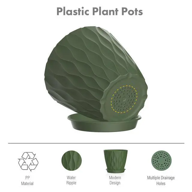 Alt view image 4 of 7 - 4 inch Small Plastic Nursery Pots, Seedling Pots, 5 Set Water Ripples Plant Pots for Indoor Plants, Flower Pots with Drainage Holes and Saucers, Seed Starter Pots for Succulent, Colorful