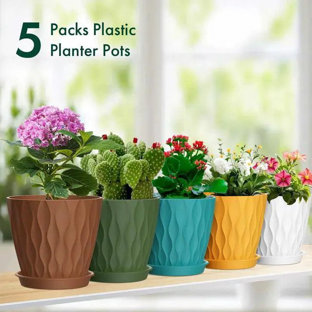 Alt view image 7 of 7 - 4 inch Small Plastic Nursery Pots, Seedling Pots, 5 Set Water Ripples Plant Pots for Indoor Plants, Flower Pots with Drainage Holes and Saucers, Seed Starter Pots for Succulent, Colorful