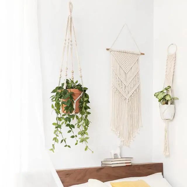 Alt view image 2 of 7 - Macrame Plant Hanger Indoor 35 Inch Hanging Planter Basket Ivory 1Pc | Hanging Plant Holder with Decorative Wood Beads, No Tassels, Boho Home Decor, Indoor & Outdoor Use, Flower Pots Not Included