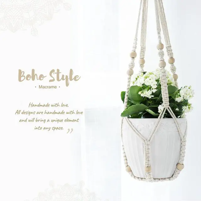 Alt view image 3 of 7 - Macrame Plant Hanger Indoor 35 Inch Hanging Planter Basket Ivory 1Pc | Hanging Plant Holder with Decorative Wood Beads, No Tassels, Boho Home Decor, Indoor & Outdoor Use, Flower Pots Not Included