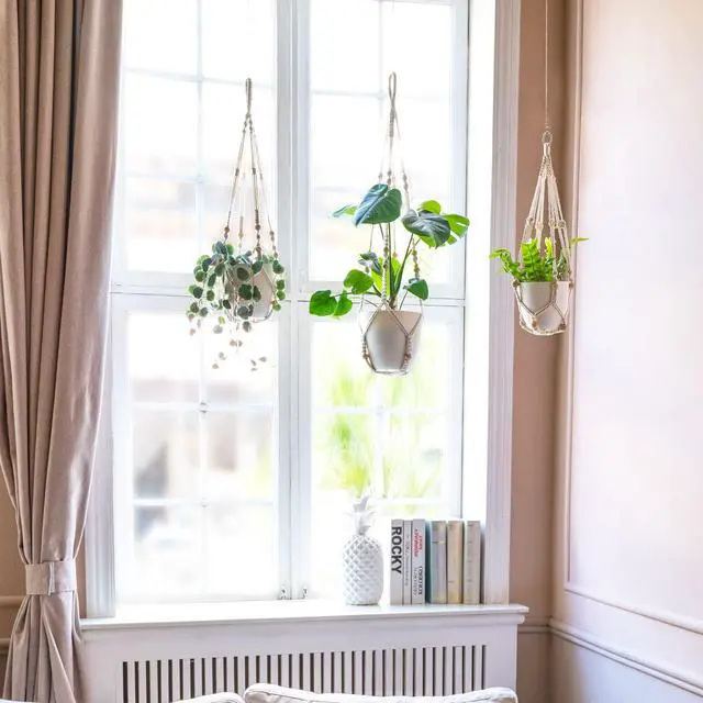 Alt view image 4 of 7 - Macrame Plant Hanger Indoor 35 Inch Hanging Planter Basket Ivory 1Pc | Hanging Plant Holder with Decorative Wood Beads, No Tassels, Boho Home Decor, Indoor & Outdoor Use, Flower Pots Not Included