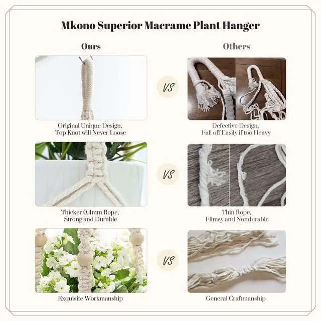 Alt view image 5 of 7 - Macrame Plant Hanger Indoor 35 Inch Hanging Planter Basket Ivory 1Pc | Hanging Plant Holder with Decorative Wood Beads, No Tassels, Boho Home Decor, Indoor & Outdoor Use, Flower Pots Not Included