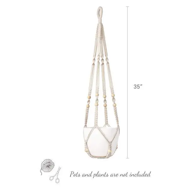 Alt view image 6 of 7 - Macrame Plant Hanger Indoor 35 Inch Hanging Planter Basket Ivory 1Pc | Hanging Plant Holder with Decorative Wood Beads, No Tassels, Boho Home Decor, Indoor & Outdoor Use, Flower Pots Not Included