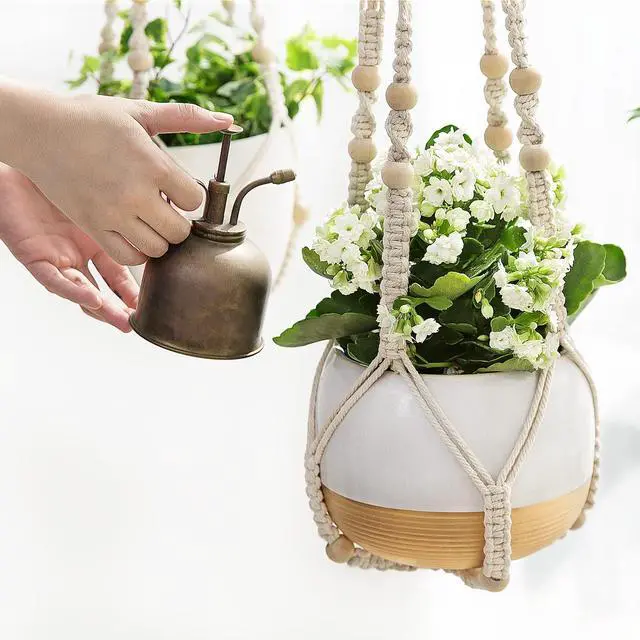 Alt view image 7 of 7 - Macrame Plant Hanger Indoor 35 Inch Hanging Planter Basket Ivory 1Pc | Hanging Plant Holder with Decorative Wood Beads, No Tassels, Boho Home Decor, Indoor & Outdoor Use, Flower Pots Not Included
