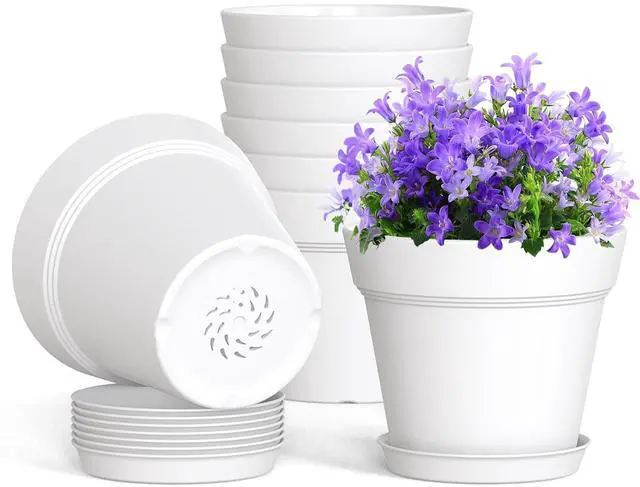 Main image of 4 Inch Plastic Plant Pots with Drainage Holes and Trays 8 Pack Small Nursery Pots for Indoor & Outdoor House Plants and Flowers, Seedling Starter Planters, White