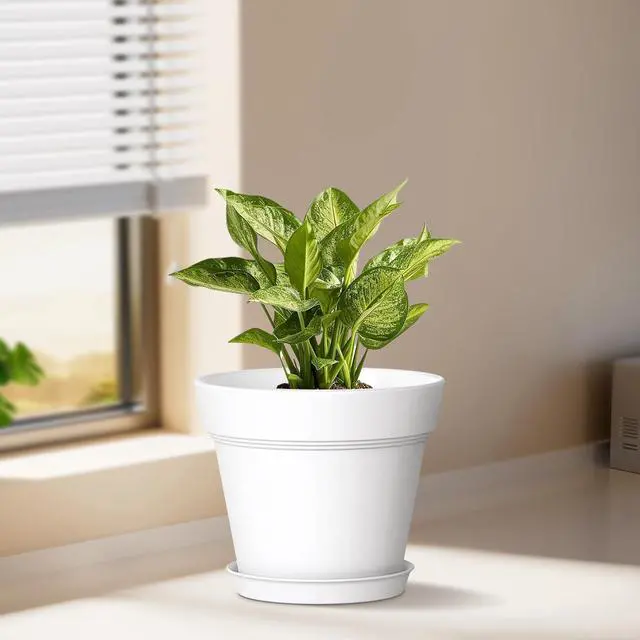 Alt view image 2 of 7 - 4 Inch Plastic Plant Pots with Drainage Holes and Trays 8 Pack Small Nursery Pots for Indoor & Outdoor House Plants and Flowers, Seedling Starter Planters, White