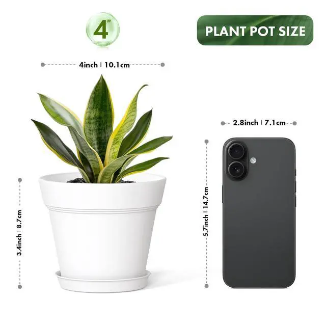 Alt view image 3 of 7 - 4 Inch Plastic Plant Pots with Drainage Holes and Trays 8 Pack Small Nursery Pots for Indoor & Outdoor House Plants and Flowers, Seedling Starter Planters, White