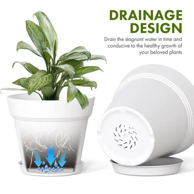 Alt view image 4 of 7 - 4 Inch Plastic Plant Pots with Drainage Holes and Trays 8 Pack Small Nursery Pots for Indoor & Outdoor House Plants and Flowers, Seedling Starter Planters, White