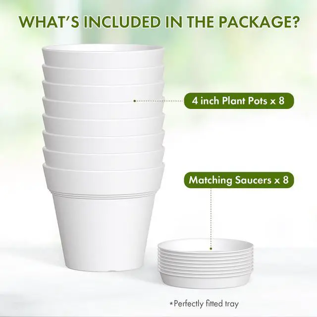 Alt view image 5 of 7 - 4 Inch Plastic Plant Pots with Drainage Holes and Trays 8 Pack Small Nursery Pots for Indoor & Outdoor House Plants and Flowers, Seedling Starter Planters, White