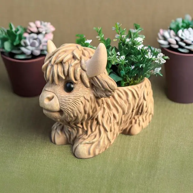Alt view image 2 of 6 - Highland Cow Planter, Resin Succulent Plant Pot, Small Decorative Animal Flower Container, Gift for Cow Lovers (Light Brown)