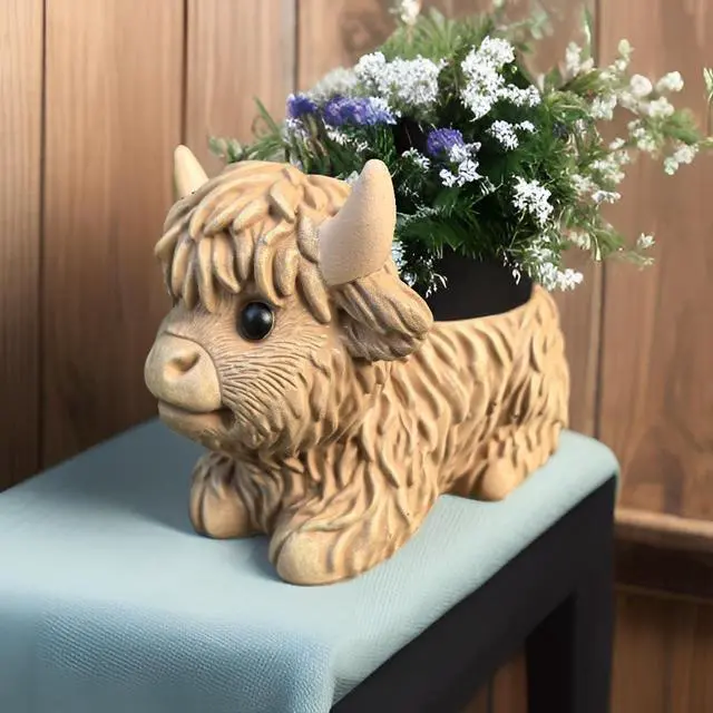 Alt view image 4 of 6 - Highland Cow Planter, Resin Succulent Plant Pot, Small Decorative Animal Flower Container, Gift for Cow Lovers (Light Brown)