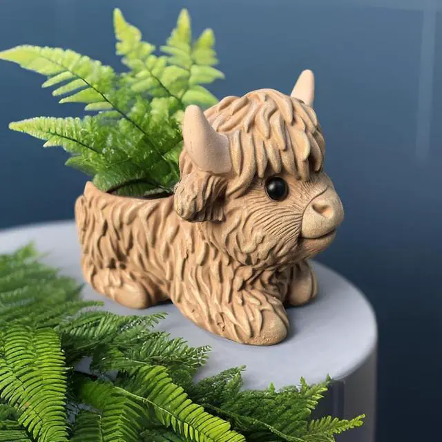 Alt view image 3 of 6 - Highland Cow Planter, Resin Succulent Plant Pot, Small Decorative Animal Flower Container, Gift for Cow Lovers (Light Brown)