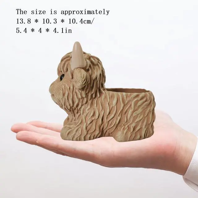 Alt view image 6 of 6 - Highland Cow Planter, Resin Succulent Plant Pot, Small Decorative Animal Flower Container, Gift for Cow Lovers (Light Brown)