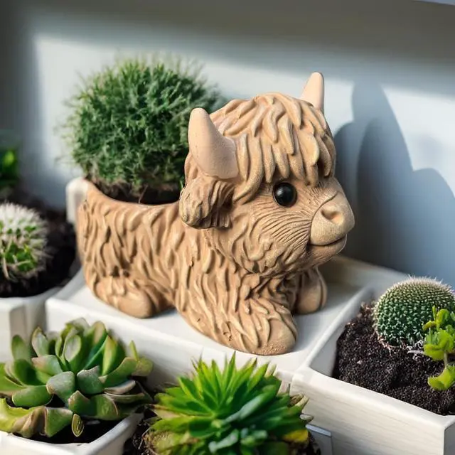Alt view image 5 of 6 - Highland Cow Planter, Resin Succulent Plant Pot, Small Decorative Animal Flower Container, Gift for Cow Lovers (Light Brown)