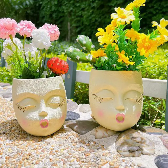 Alt view image 3 of 6 - Flower Head Planter Pot,Resin Big Face Planters with Waiting Kiss,Yellow,1P