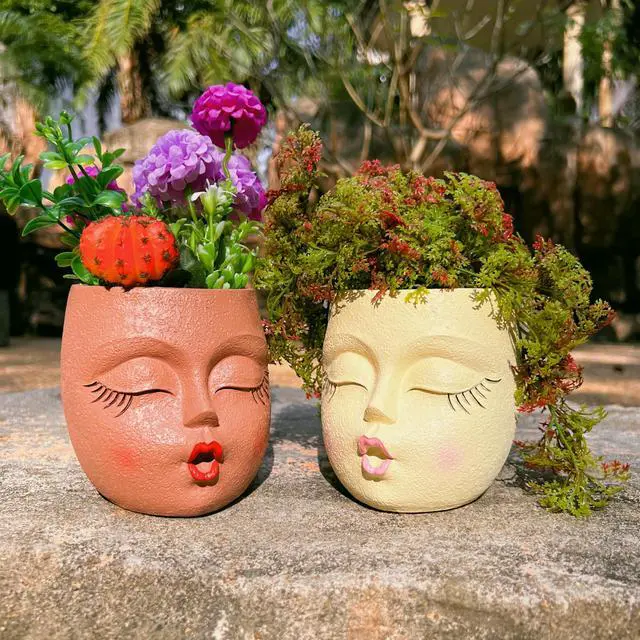 Alt view image 5 of 6 - Flower Head Planter Pot,Resin Big Face Planters with Waiting Kiss,Yellow,1P
