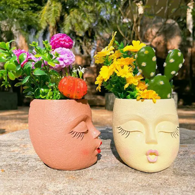 Alt view image 6 of 6 - Flower Head Planter Pot,Resin Big Face Planters with Waiting Kiss,Yellow,1P
