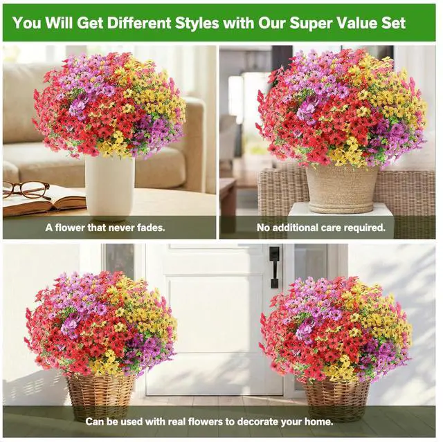 Alt view image 5 of 7 - Artificial Flowers Fake Plants for Outdoors Summer Decoration | 13 Bundles Silk Realistic UV Resistant Faux Flowers for Outside Planter Porch Yard Patio Garden Home Indoor, Mix