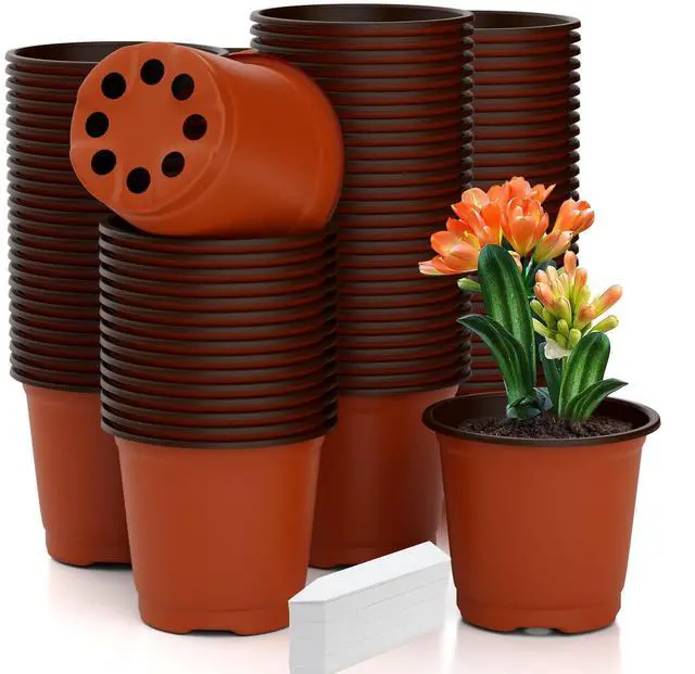 Main image of Nursery Pots 100 PCS 4 Inch Plant Pots with 100 Labels, Planting Pot for Plants Indoor Outdoor, Plastic Flower Pot for Seedlings Transplanting Small Plants Growing