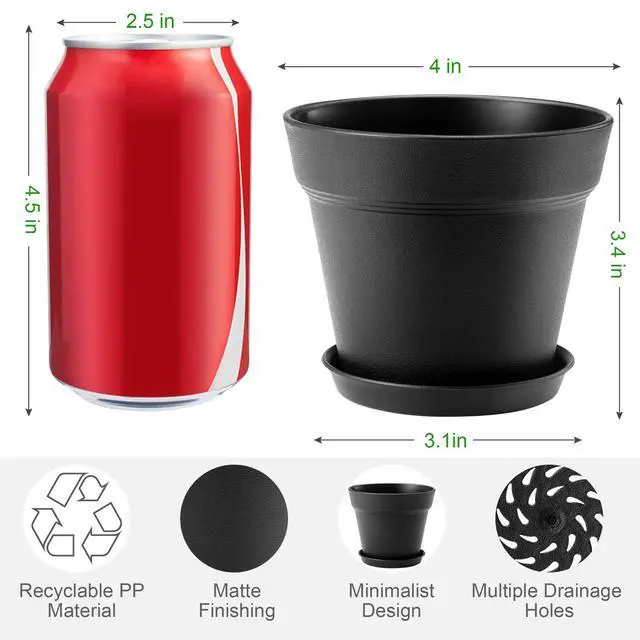Alt view image 2 of 6 - 4 Inch Small Plant Pots 6 Pack, Plastic Plant Pots Indoor Saucer, Black | Small Pots for Plants with Holes and Tray, Thickened Indoor Planters Seedlings Nursery Pots, African Violet and Succulent