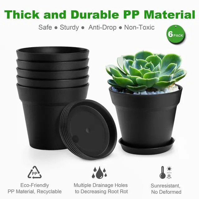 Alt view image 4 of 6 - 4 Inch Small Plant Pots 6 Pack, Plastic Plant Pots Indoor Saucer, Black | Small Pots for Plants with Holes and Tray, Thickened Indoor Planters Seedlings Nursery Pots, African Violet and Succulent