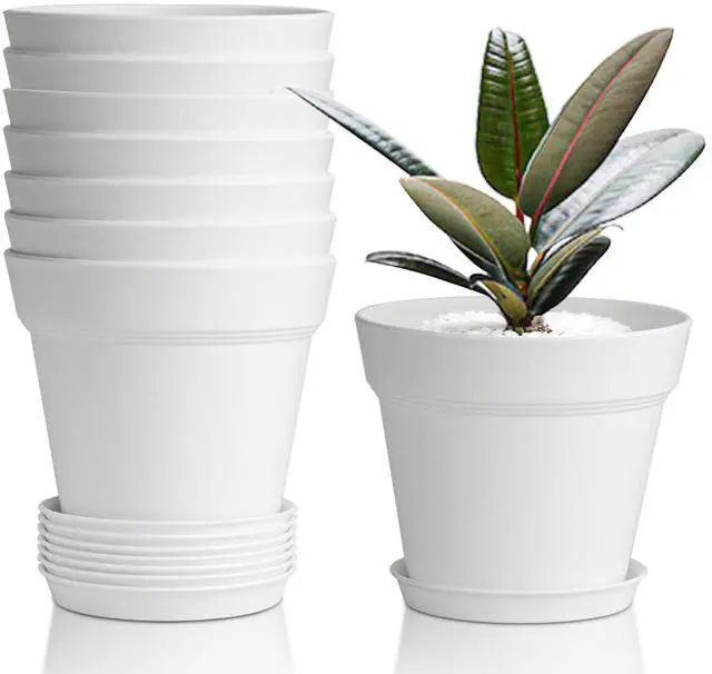 Main image of Small Plant Pots 4 Inch 8 Pack, Plastic Indoor Flower Pots Saucer White | Succulent cactus herbs, Windowsill seedling starters, Desk office shelf, Mini compact lightweight