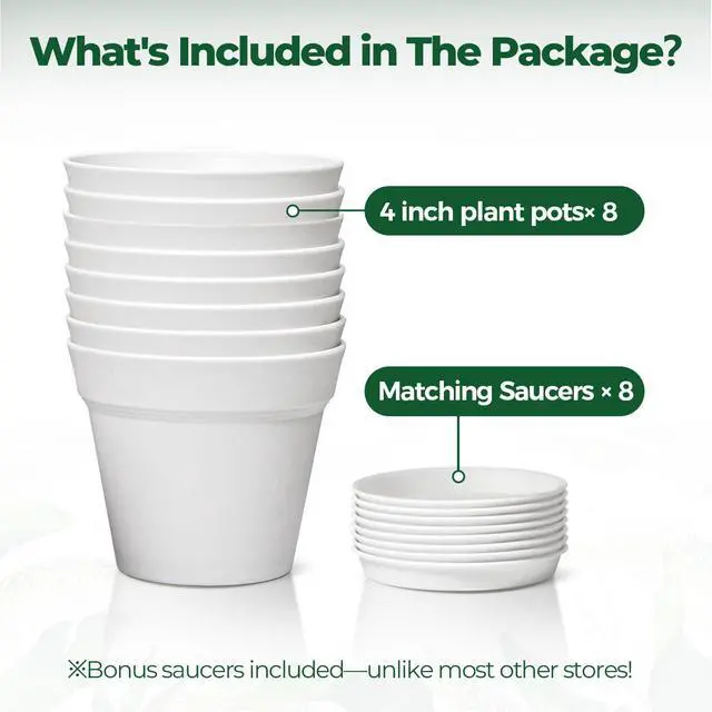 Alt view image 6 of 6 - Small Plant Pots 4 Inch 8 Pack, Plastic Indoor Flower Pots Saucer White | Succulent cactus herbs, Windowsill seedling starters, Desk office shelf, Mini compact lightweight