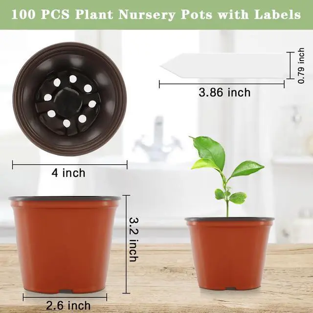 Alt view image 3 of 7 - 100 Pcs Plant Nursery Pots, 4 Inch Small Plant Seedling Pots with Labels Plastic Plant Flower Pots with Drainage Holes Indoor Outdoor for Succulent Cutting Transplanting