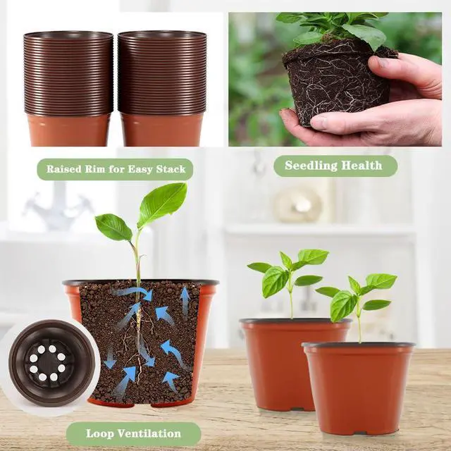 Alt view image 5 of 7 - 100 Pcs Plant Nursery Pots, 4 Inch Small Plant Seedling Pots with Labels Plastic Plant Flower Pots with Drainage Holes Indoor Outdoor for Succulent Cutting Transplanting