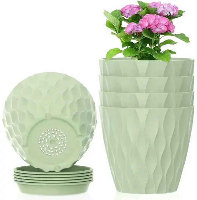 Main image of 4 inch Small Plastic Nursery Pots, 5 Pack Water Ripples Plant Pots for Indoor Plants, Flower Pots with Drainage Holes and Saucers, Seeding Starter Planters for Decorative, Green