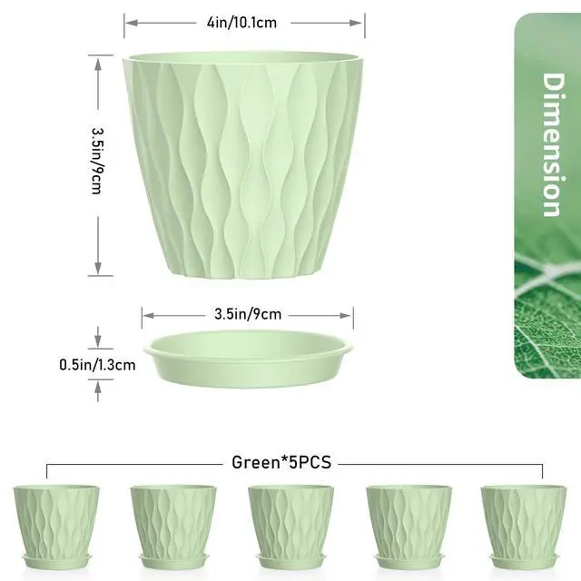 Alt view image 2 of 7 - 4 inch Small Plastic Nursery Pots, 5 Pack Water Ripples Plant Pots for Indoor Plants, Flower Pots with Drainage Holes and Saucers, Seeding Starter Planters for Decorative, Green