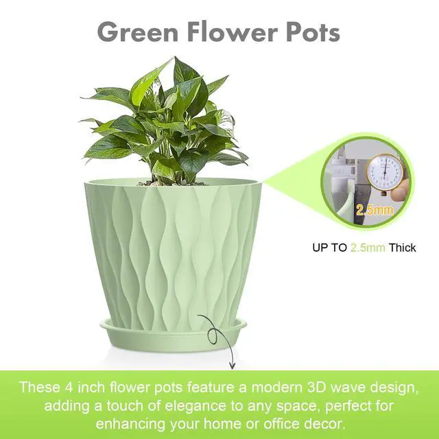 Alt view image 3 of 7 - 4 inch Small Plastic Nursery Pots, 5 Pack Water Ripples Plant Pots for Indoor Plants, Flower Pots with Drainage Holes and Saucers, Seeding Starter Planters for Decorative, Green