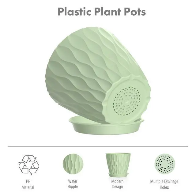 Alt view image 4 of 7 - 4 inch Small Plastic Nursery Pots, 5 Pack Water Ripples Plant Pots for Indoor Plants, Flower Pots with Drainage Holes and Saucers, Seeding Starter Planters for Decorative, Green