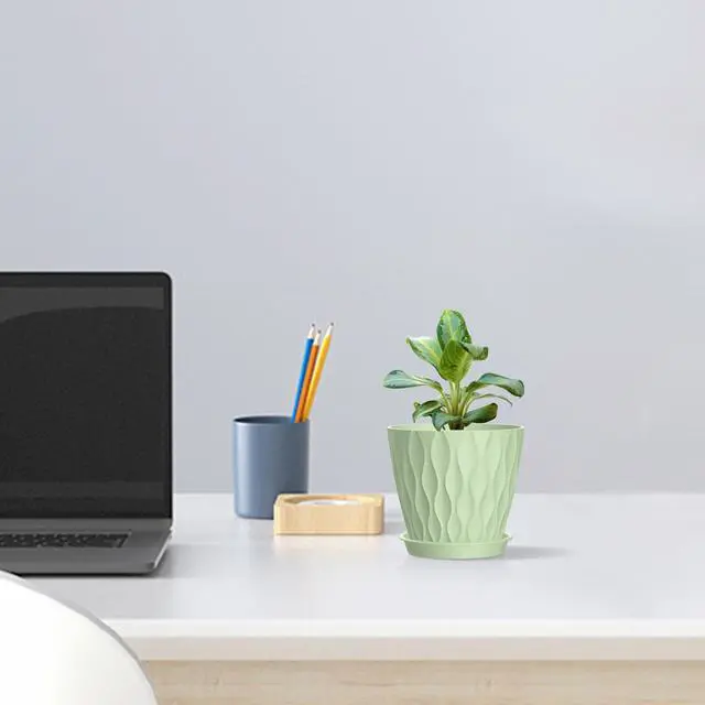 Alt view image 5 of 7 - 4 inch Small Plastic Nursery Pots, 5 Pack Water Ripples Plant Pots for Indoor Plants, Flower Pots with Drainage Holes and Saucers, Seeding Starter Planters for Decorative, Green