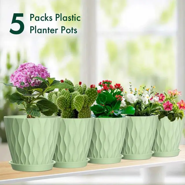 Alt view image 7 of 7 - 4 inch Small Plastic Nursery Pots, 5 Pack Water Ripples Plant Pots for Indoor Plants, Flower Pots with Drainage Holes and Saucers, Seeding Starter Planters for Decorative, Green