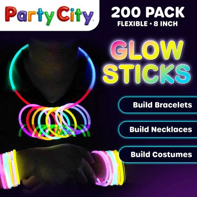 Alt view image 2 of 7 - 200 Glow Sticks Bulk Party Pack 8 Neon Glow in the Dark Party Supplies, Glowsticks with Connectors Bracelets & Necklaces, Light Up Favors for Kids, Adults, Birthdays, Parties, Decorations