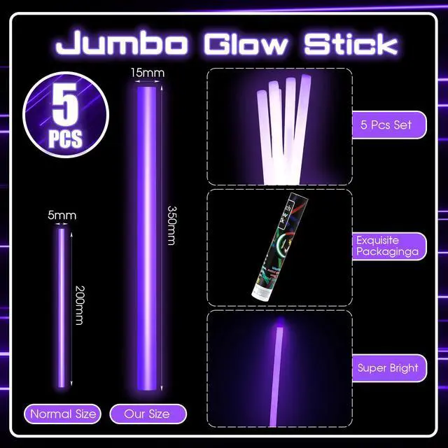 Alt view image 2 of 7 - 5 Pcs 14 Inch Glow Sticks Jumbo, Purple | Gaint Big Glow Sticks for Camping, Parties, Halloween, Emergency, New Year Celebrations, Safe for Outdoor Events