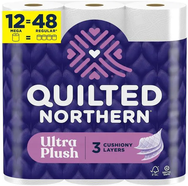 Main image of Ultra Plush Toilet Paper, 12 Mega Rolls = 48 Regular Rolls, 4X More Absorbent*, 3 Ply Soft Toilet Tissue