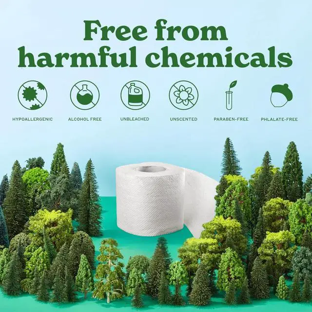 Alt view image 4 of 7 - Tree Free Toilet Paper, Septic Safe Toilet Tissue, Plastic Free, Non Toxic, Chemical Free, 2 Ply Bathroom Toilet Paper | Pack of 12 Double Rolls, 300 Sheets Per Roll