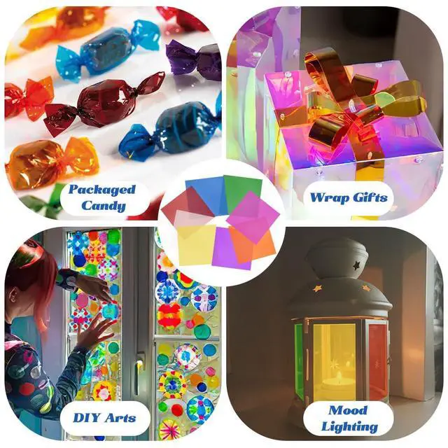 Alt view image 7 of 7 - Cellophane Wrap, 120pcs Cellophane Sheets, 8 Multi-Colors Colored Cellophane, 7.5x7.5 Inch Transparent Colored Plastic Wrap, Colored Cellophane Wrap for Christmas Valentine DIY Arts Crafts Decorations