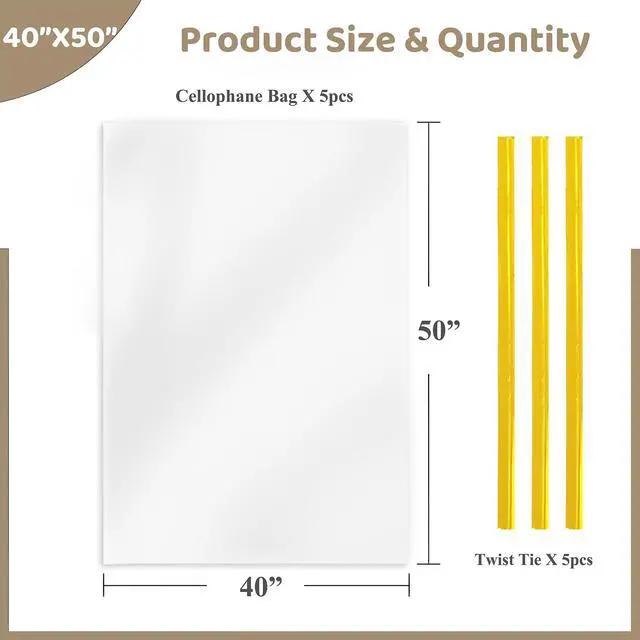 Alt view image 3 of 7 - Extra Large Cellophane Wrap for Gift Baskets,40x50 Inches, 5 Pack | with Twist Ties, Cellophane Gift Bags, Plastic, For Gift Giving & Packaging Raffle Baskets, Easter, Baby Shower, Wedding