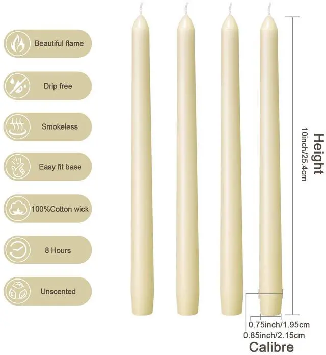 Alt view image 2 of 6 - Ivory Taper Candles - 4 Pack 10 Inch Candlesticks - Dripless & Smokeless Tapered Candle 8 Hours Unscented Cream Candle Sticks - Perfect for Wedding Holiday Dinner Party Home Decor