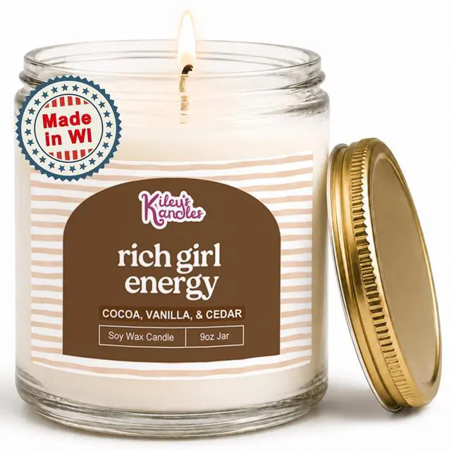 Main image of 9oz Rich Girl Energy Soy Wax Candle - Cocoa Butter Vanilla | 9oz Handmade Soy Wax Candle - Cotton wick - 45+ hours Burn Time - Fragrance notes: Cocoa Butter, Vanilla Tonka, & Cedarwood